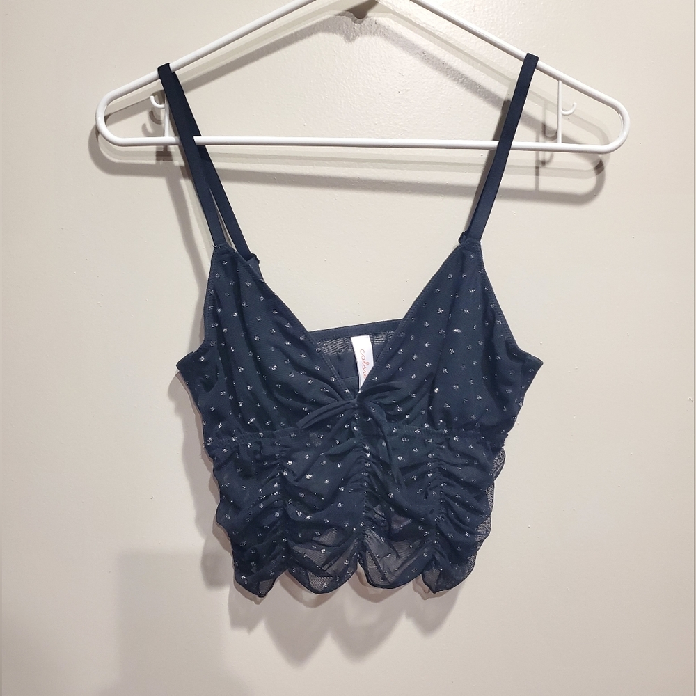 Colsie Blue Mesh Detail Top Small